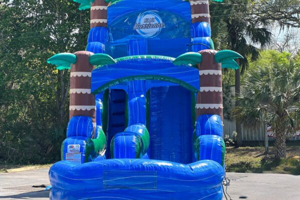 Blue Hurricane Inflatable slide outside